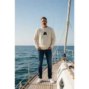 Vintage Eddie Bauer Men's Ivory L Cable Knit Nautical Patch Sweater Fisherman